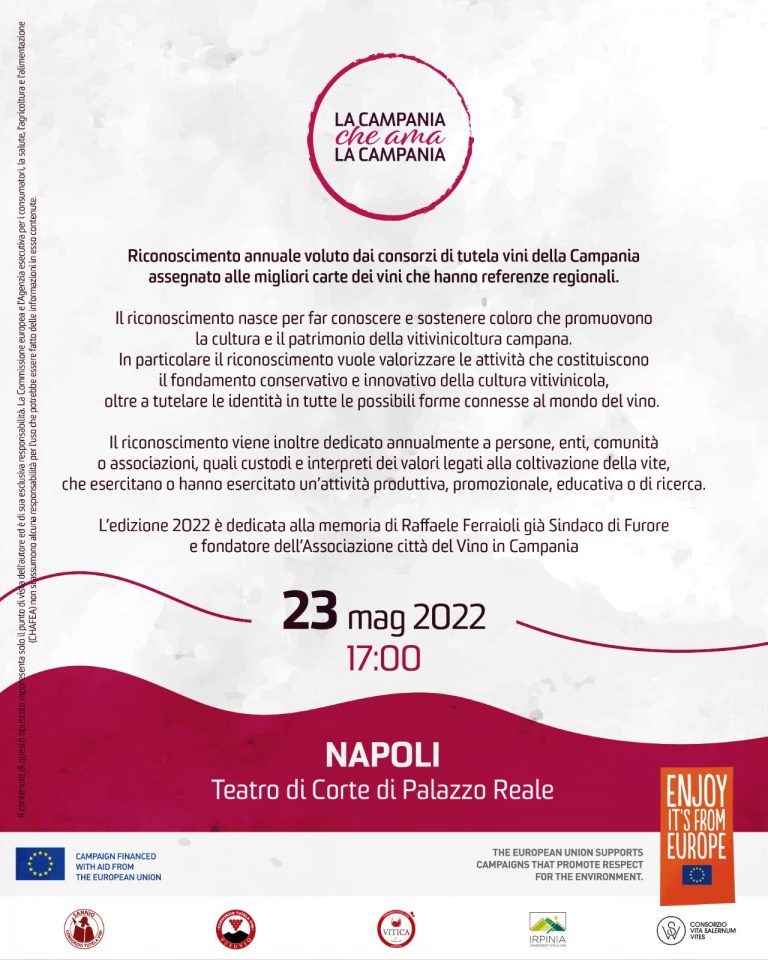 La Campania che ama La Campania”:  le migliori carte dei vini con le referenze campane, lunedì 23 a Palazzo Reale di Napoli.