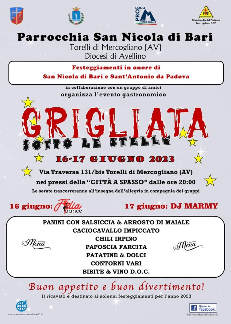 Grigliata sotto le stelle venerdì 16 e sabato 17 a Mercogliano